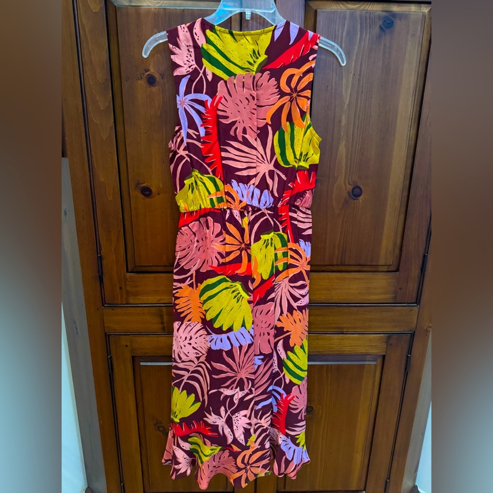 Gorman Size Small sleeveless ruffled faux wrap Burgundy w/tropical flowers. NWOT